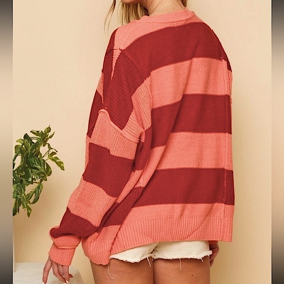☃️BOGO50%☃️ 🆕❤️PEACH LOVE: Peach/Burgundy Wide Stripe Knit Sweater SMALL - Picture 2 of 2